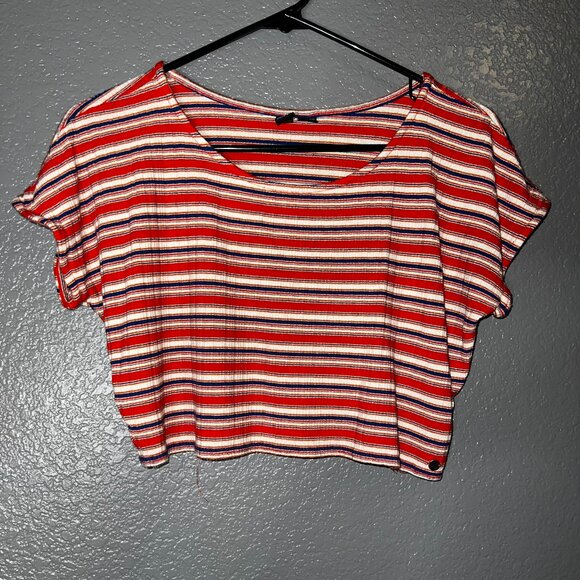 Volcom Girls M 8 Striped Crop Top Red Blue Short Sleeve Ribbed Stretch Tee - Picture 1 of 8